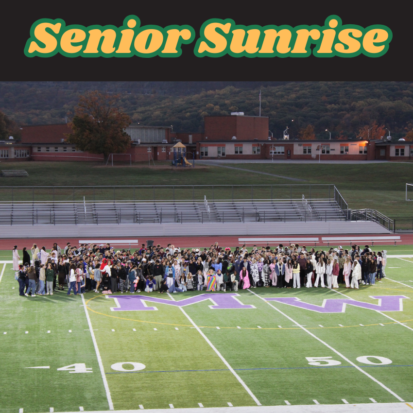 Students standing on a football field with senior sunrise written on top 