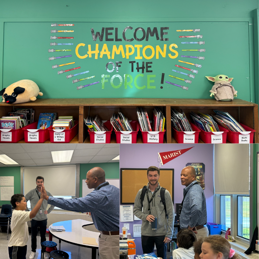 man in a blue shirt giving student a high 5 and another photo features a green wall with baby grogu and a stuffed dog