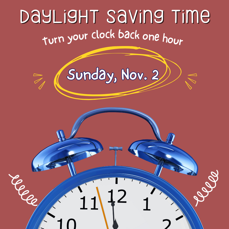 blue and white clock with text that says daylight saving time