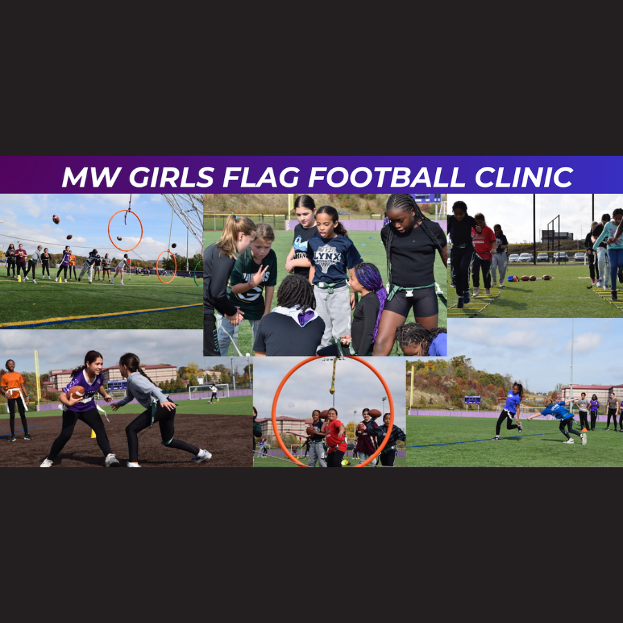 girls playing flag football, text that says MW girls flag football clinic