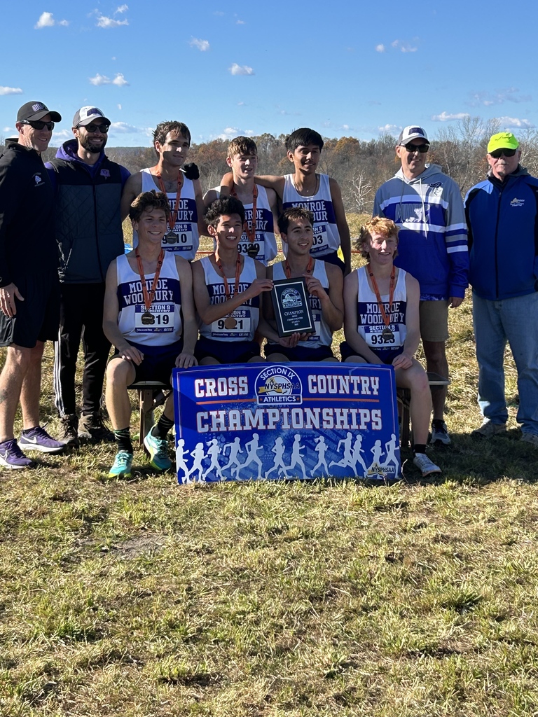 Boys cross country team with banner and Section IX plaque
