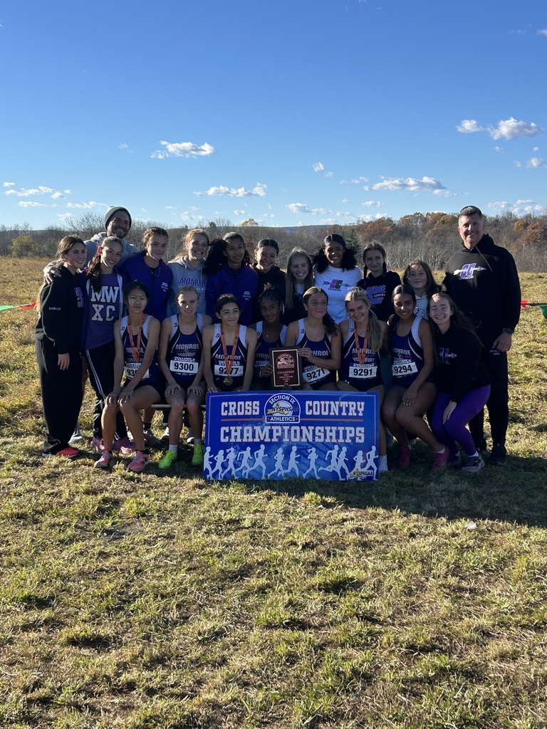 girls cross country team and coaches with banner and Section IX plaque