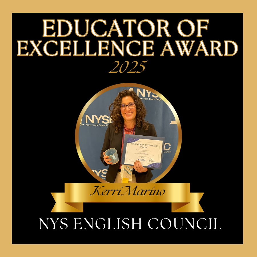 educator of excellence 2025 gold banner with photo of woman holding a cup