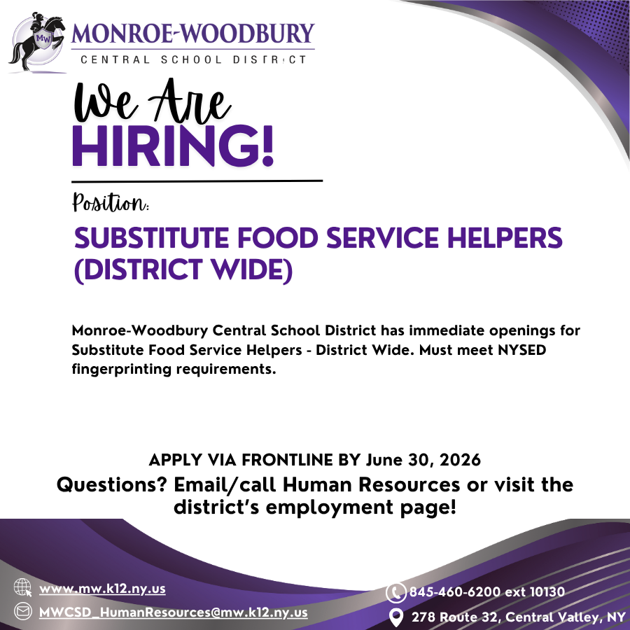 hiring flyer, substitute food service helpers district wide 