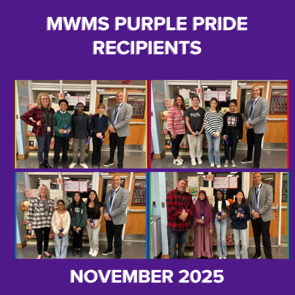 four photos of five people standing in library