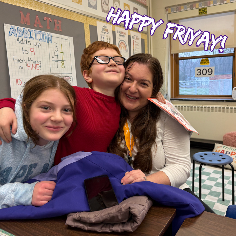 three people hugging and smiling 