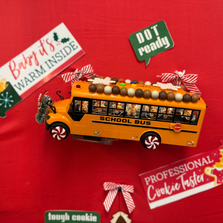 toy school bus on a red background 