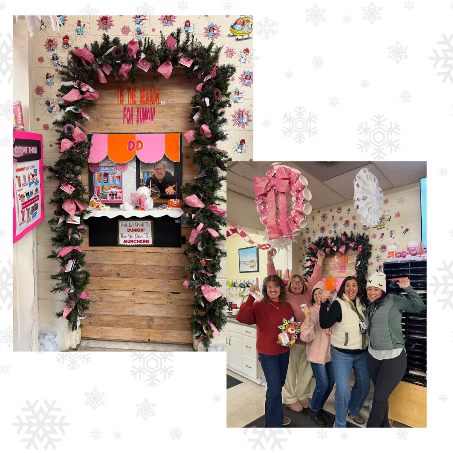 two photos of door decorated with coffee cups