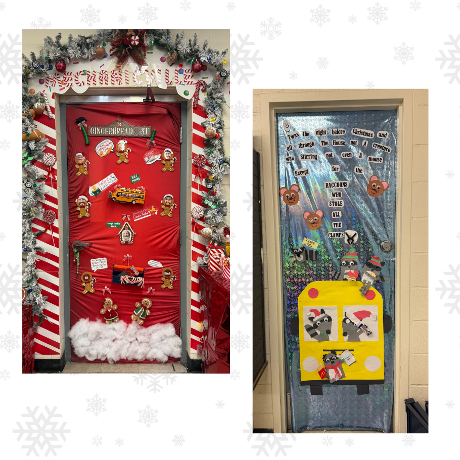 two doors decorated with ginger bread and a yellow school bus 
