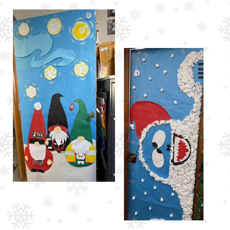 two doors featuring gnomes and a snowman