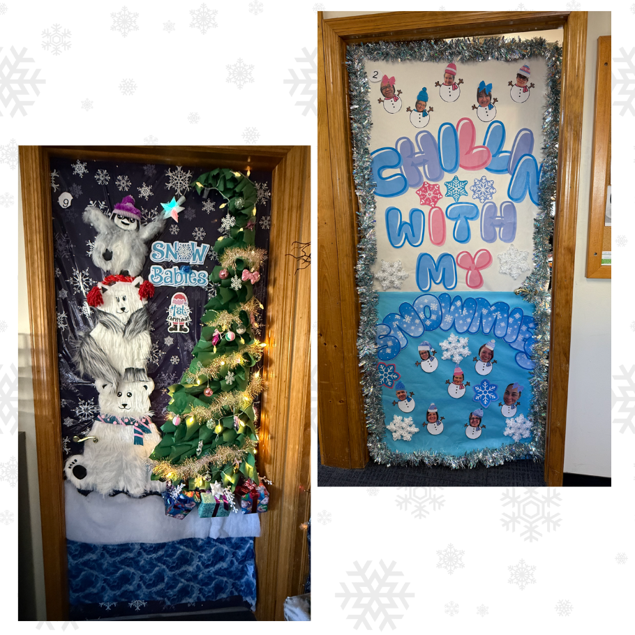 two doors with polar bears and pink and blue letters 