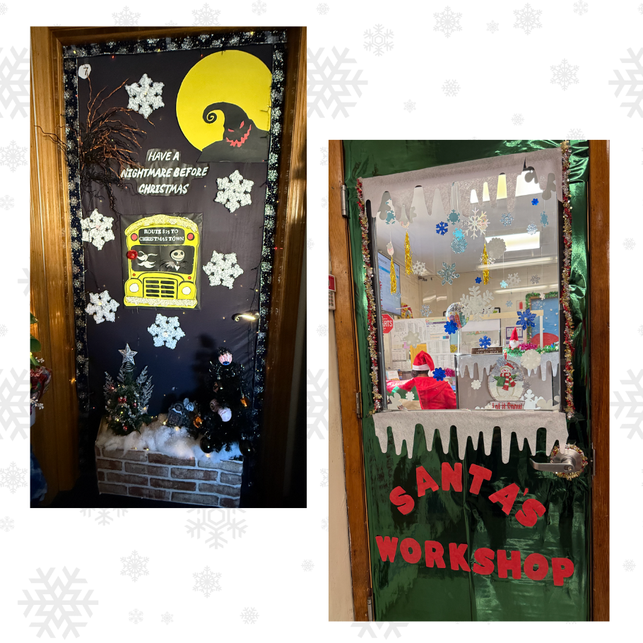 two doors with school bus and red letters that say santa's workshop 