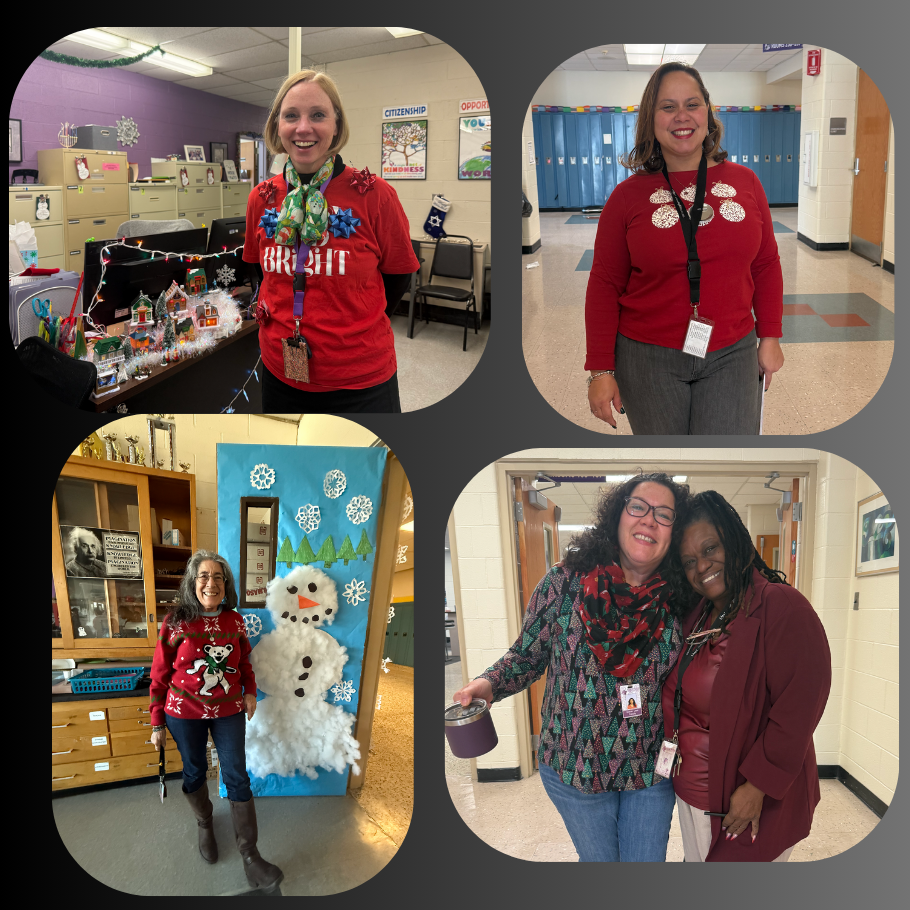 four photos of women wearing red and colorful sweaters