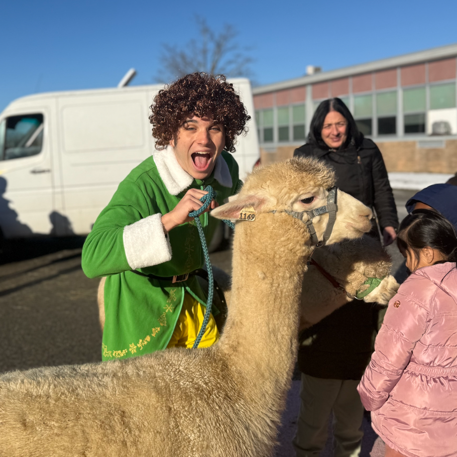 man in elf costume with alpaca