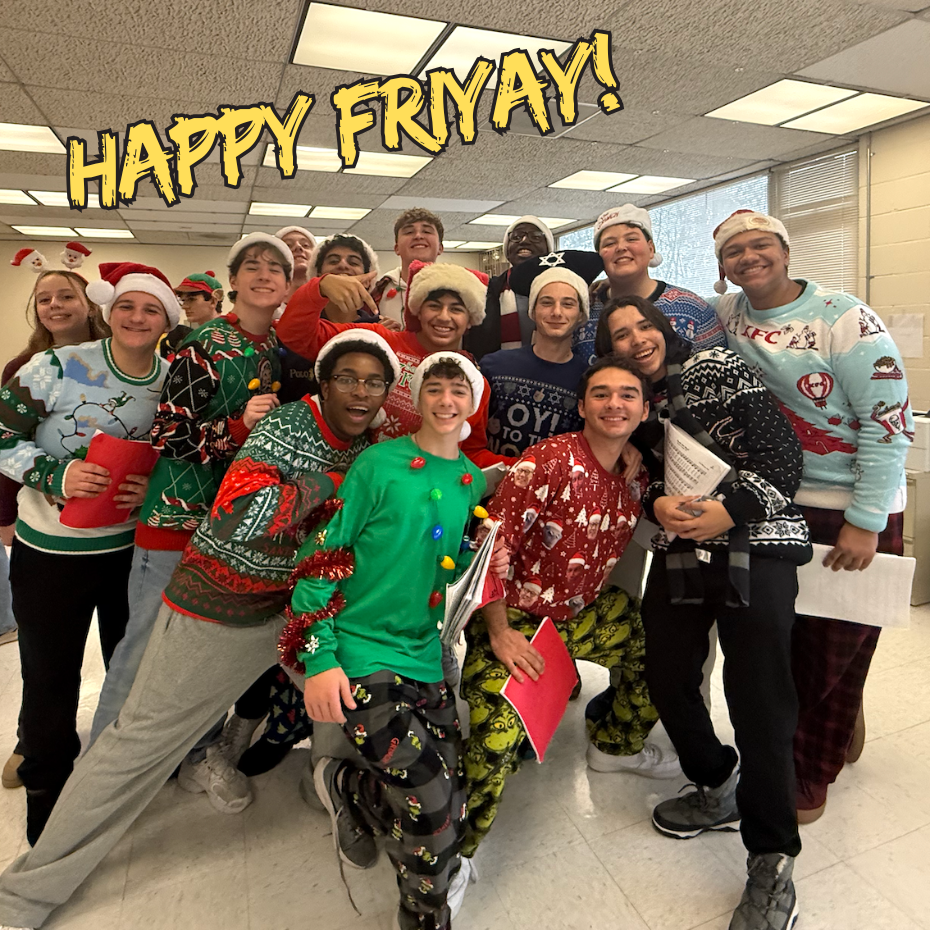 students dressed in festive clothing smiling with Happy Friyay