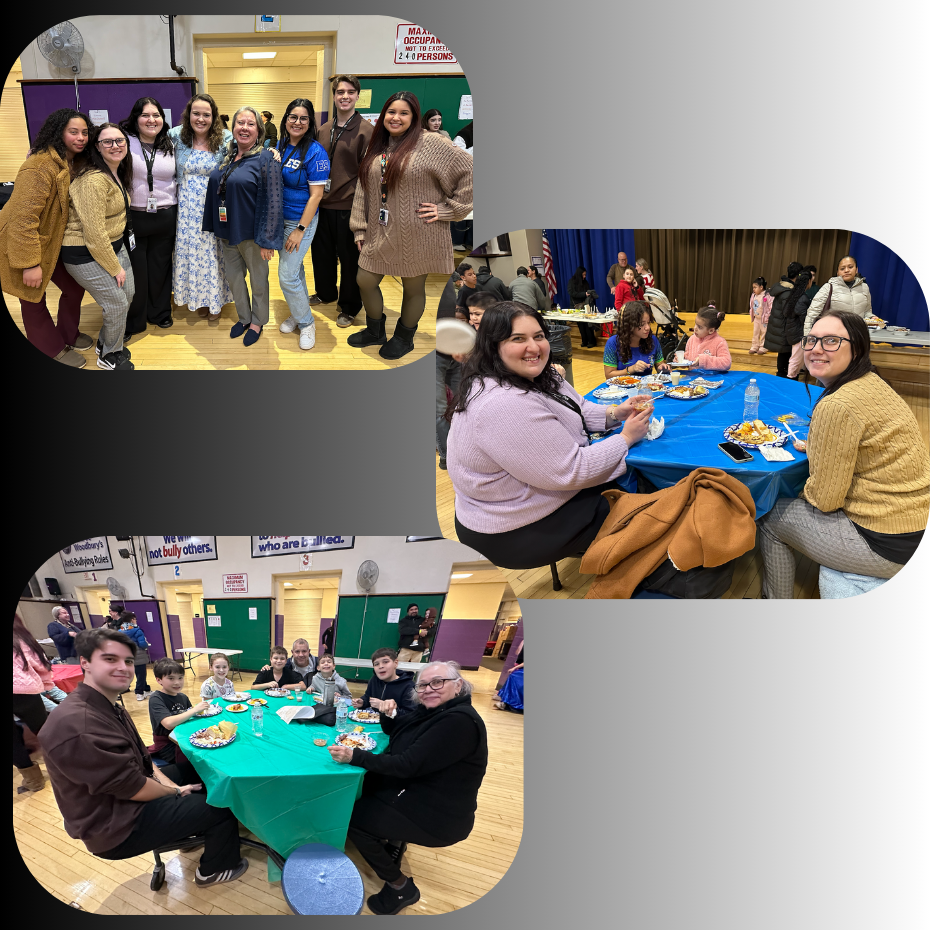 people standing and sitting by a blue and green table 