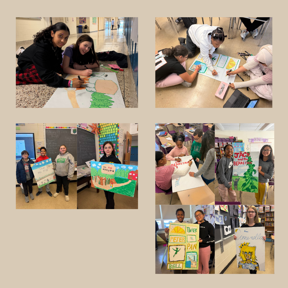 art students working on projects to support the drama club