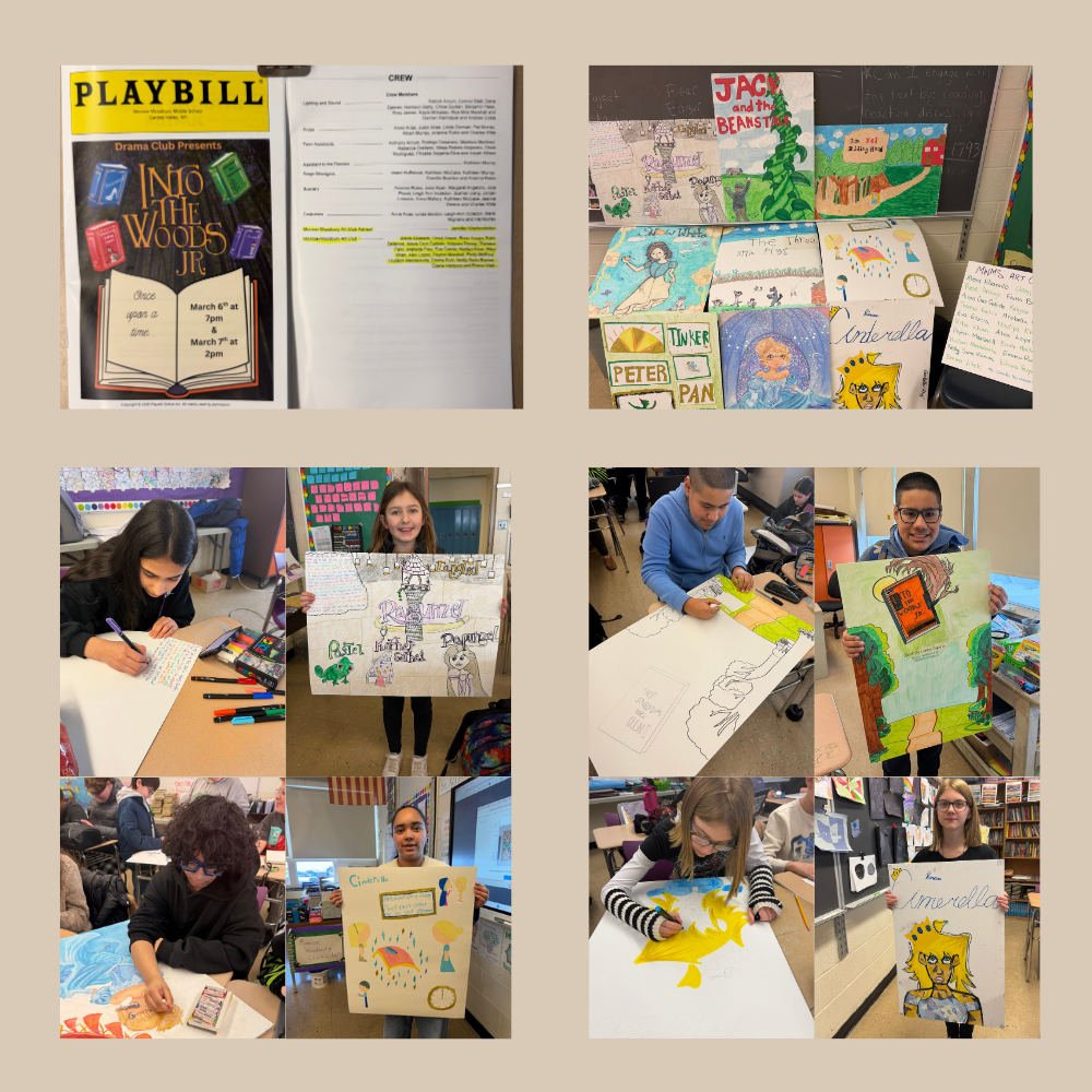 art students working on projects to support the drama club