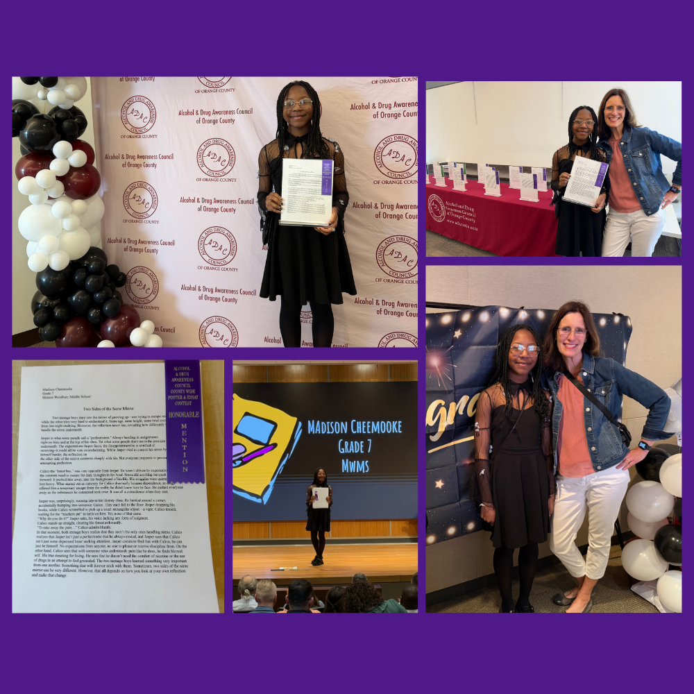 Middle school student wins honorable mention for essay, shown here with her teacher