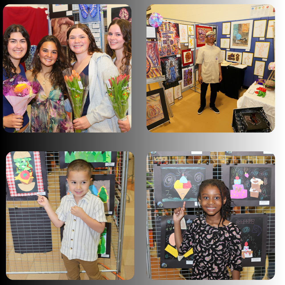 four photos of students standing next to paintings 