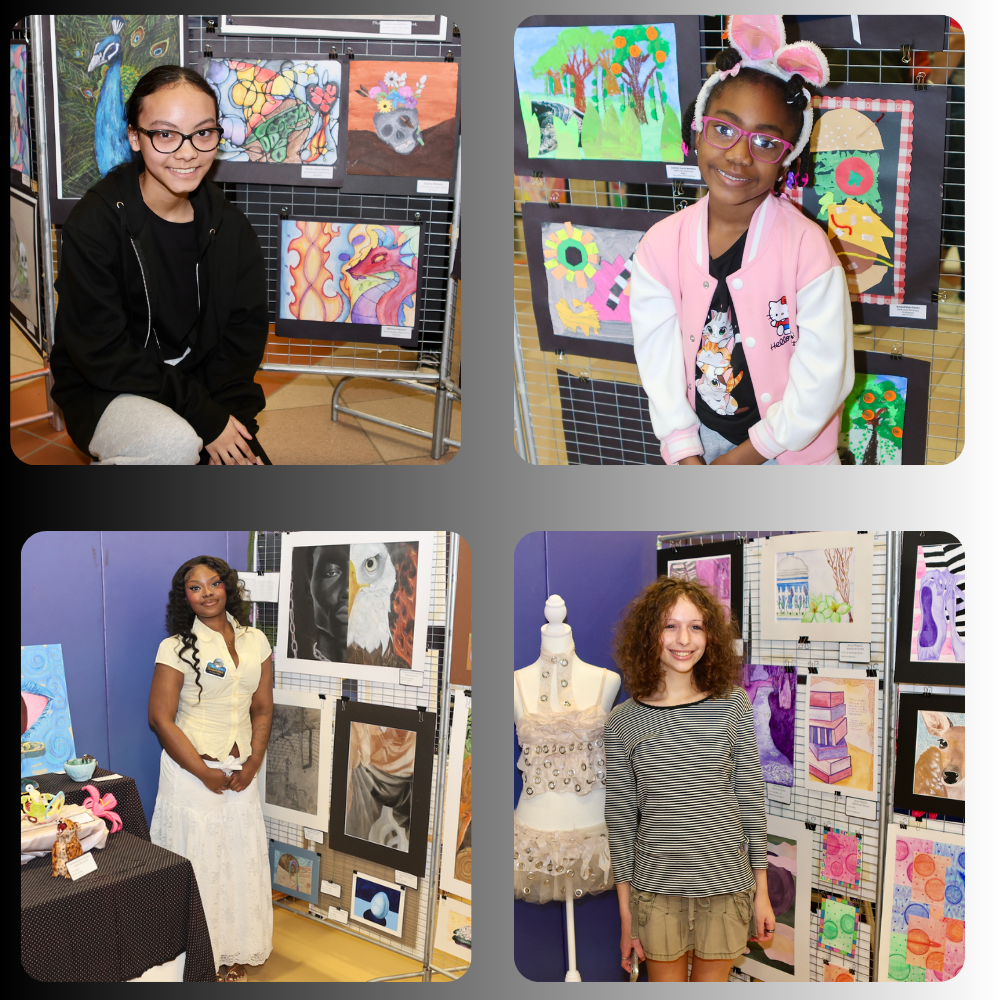 four photos of students standing next to paintings 