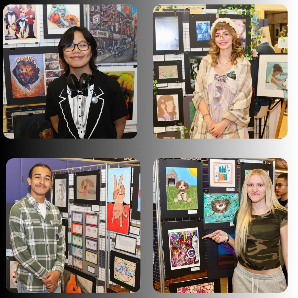 four photos of students standing next to paintings 