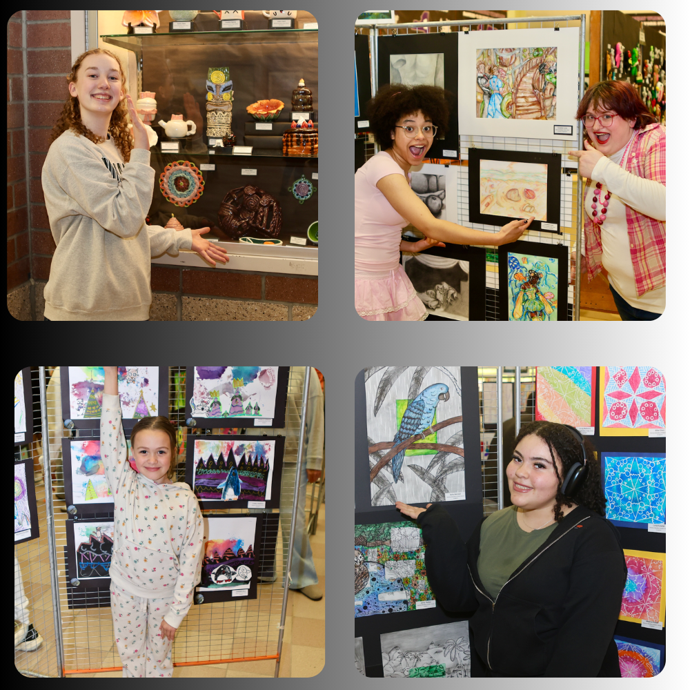 four photos of students standing next to paintings 