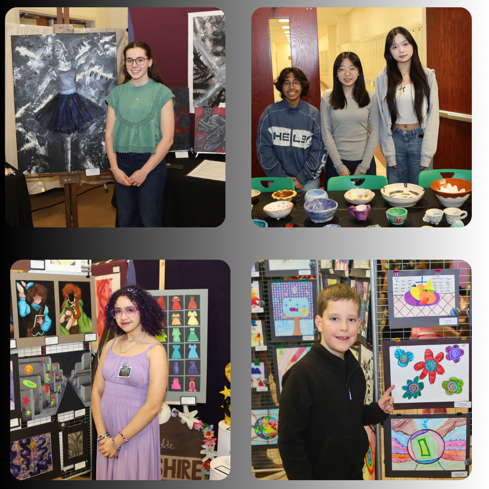 four photos of students standing next to paintings 