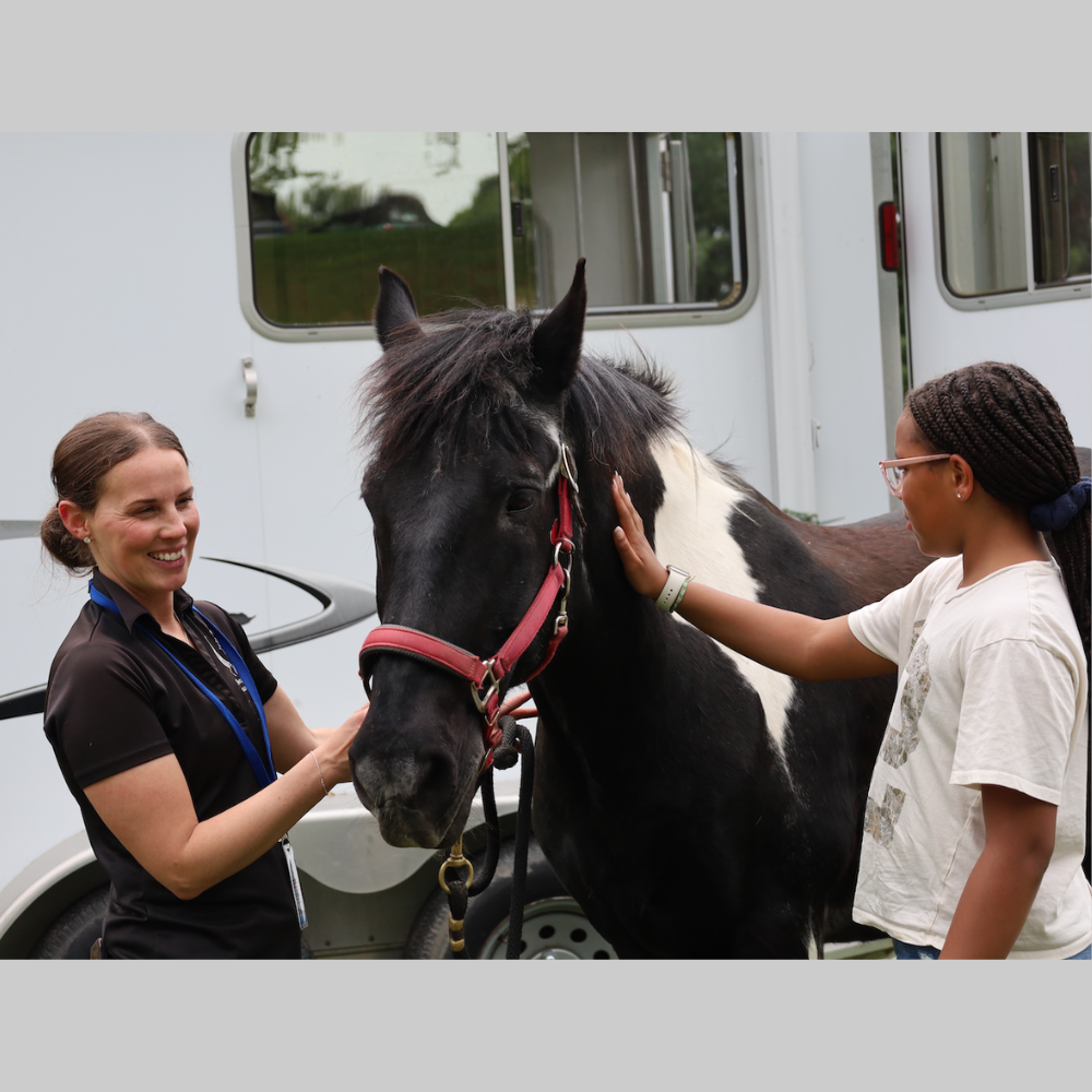 two people and a black horse