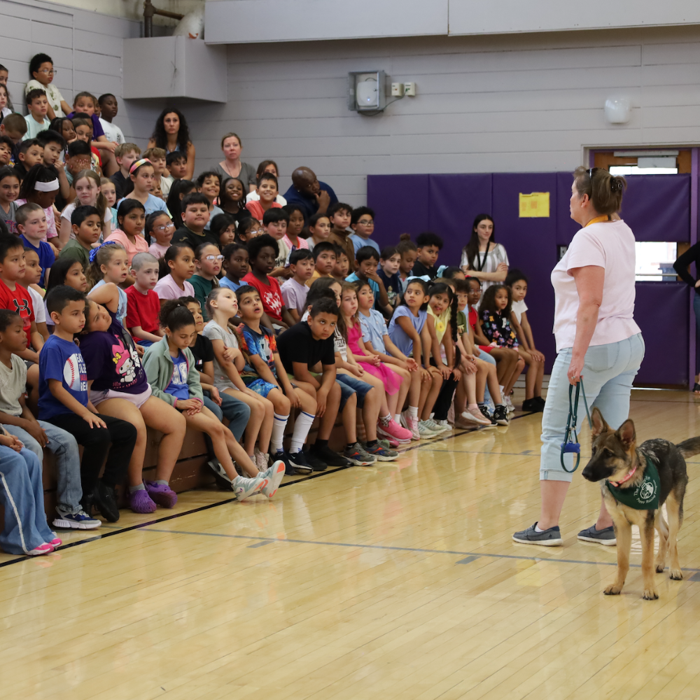 woman standing with guide dog in front of students