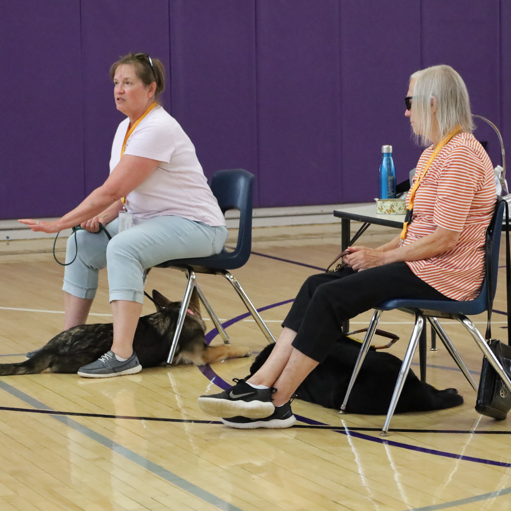 two women sitting with dogs under their chair