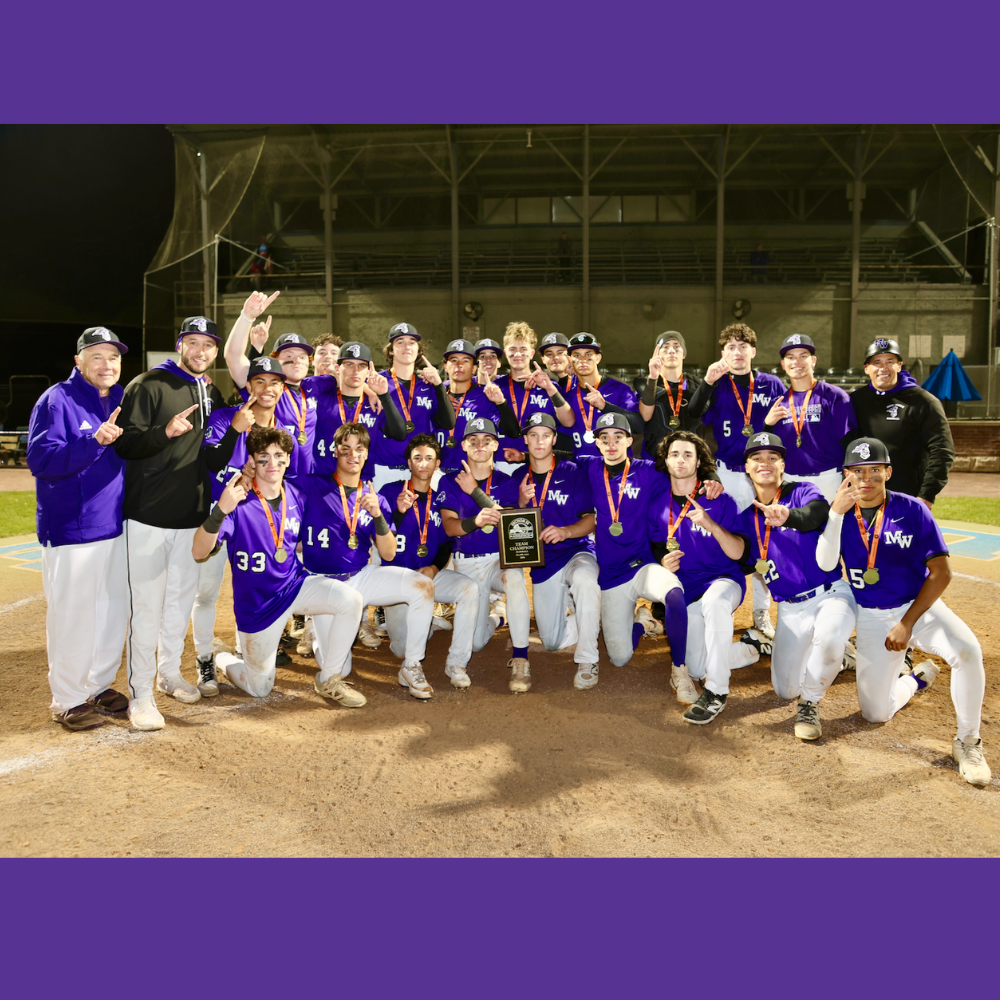 baseball team kneeling in purple and white