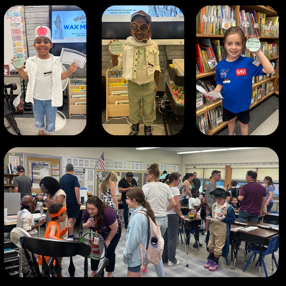 four photos of students posing with buttons