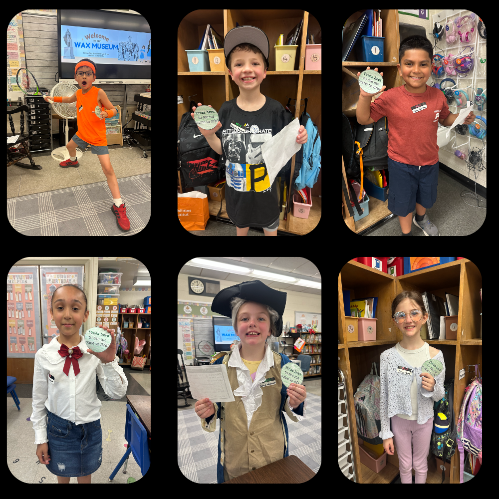 six photos of students posing with circular buttons