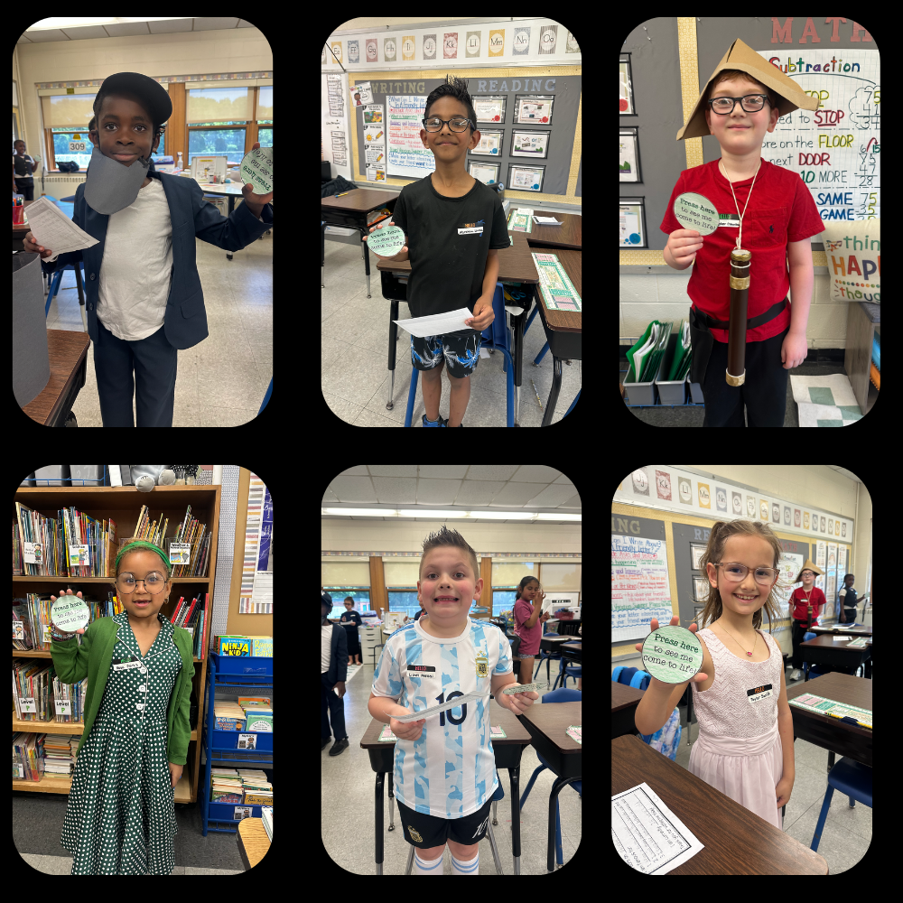 six photos of students posing with circular buttons