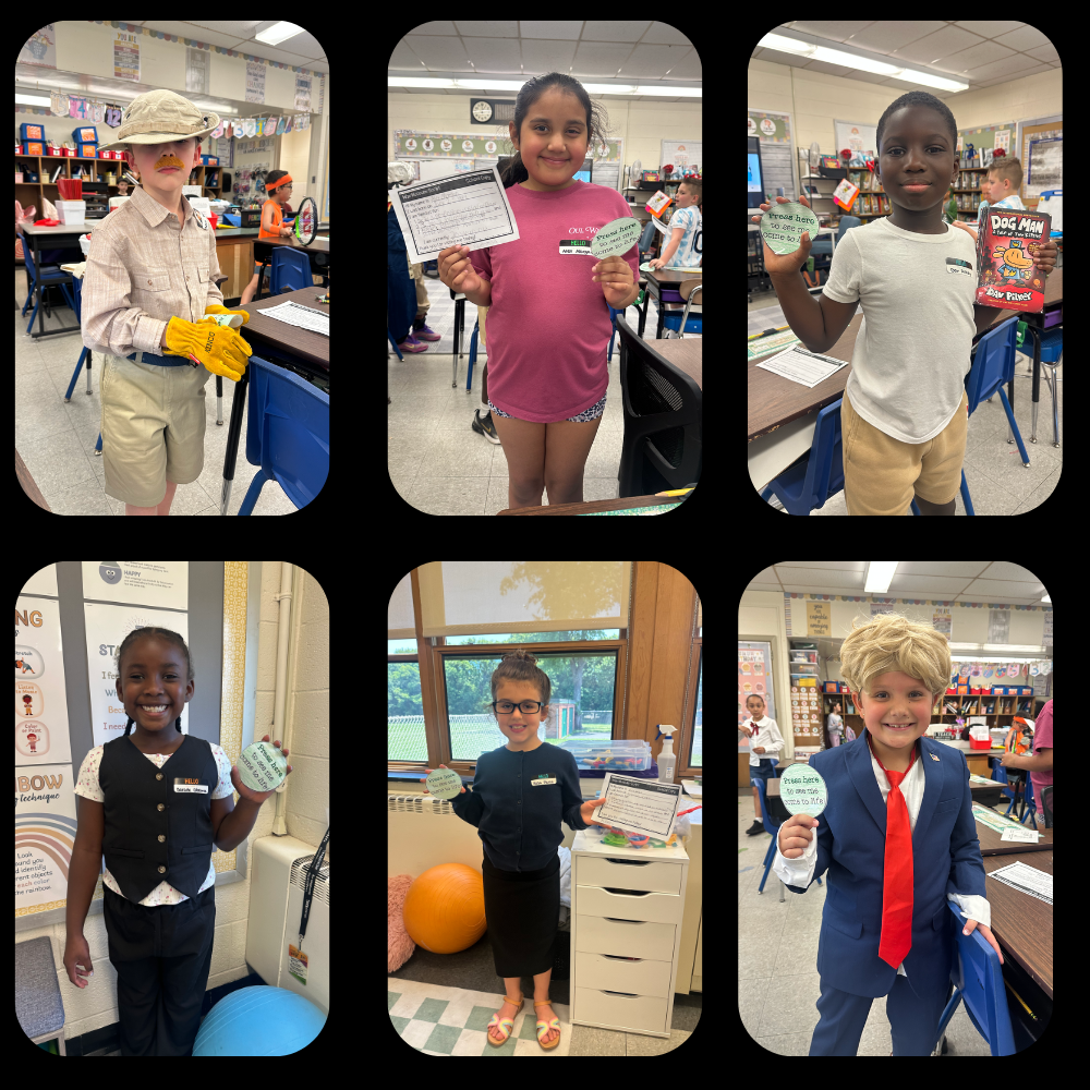 six photos of students posing with circular buttons