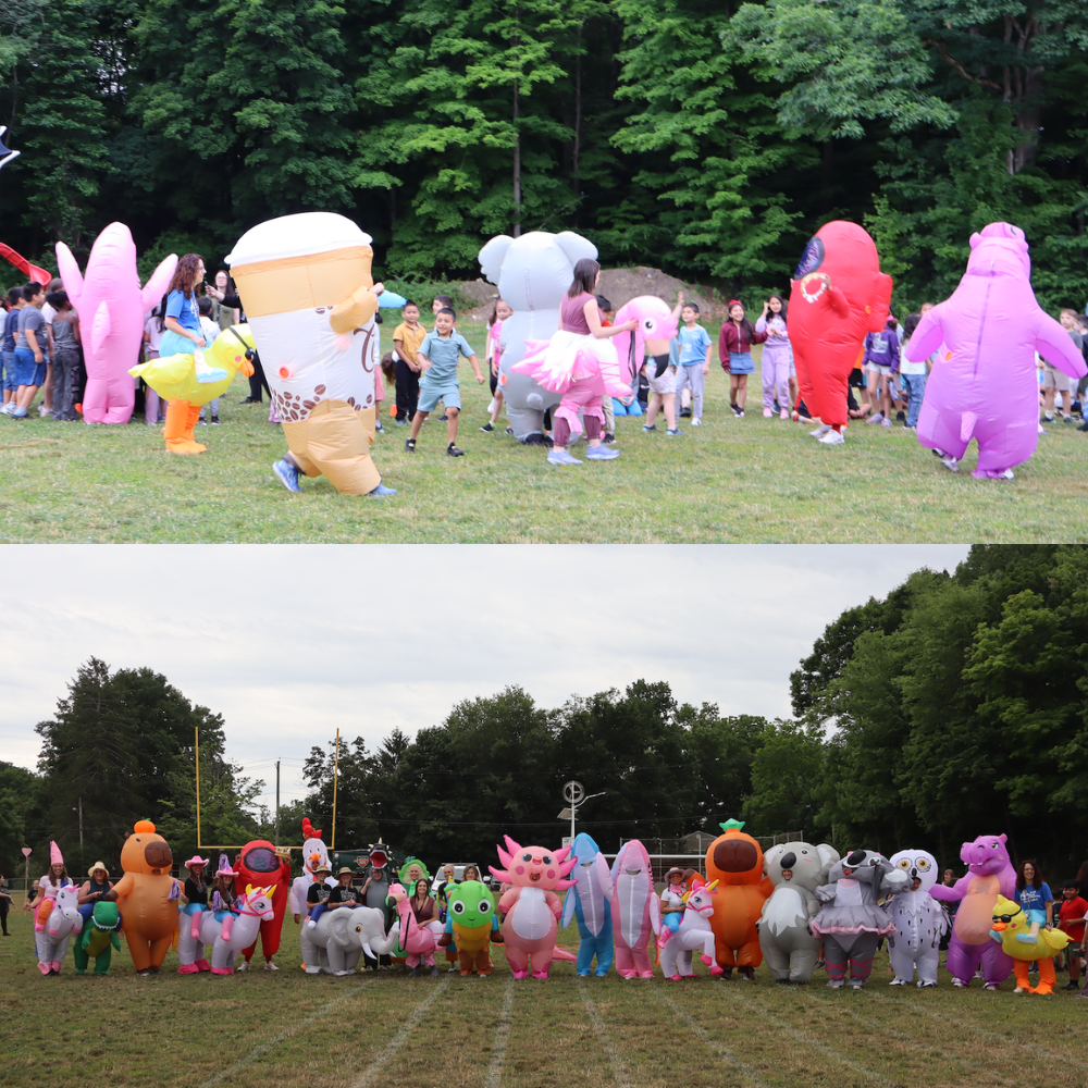 two photos of people in costumes racing