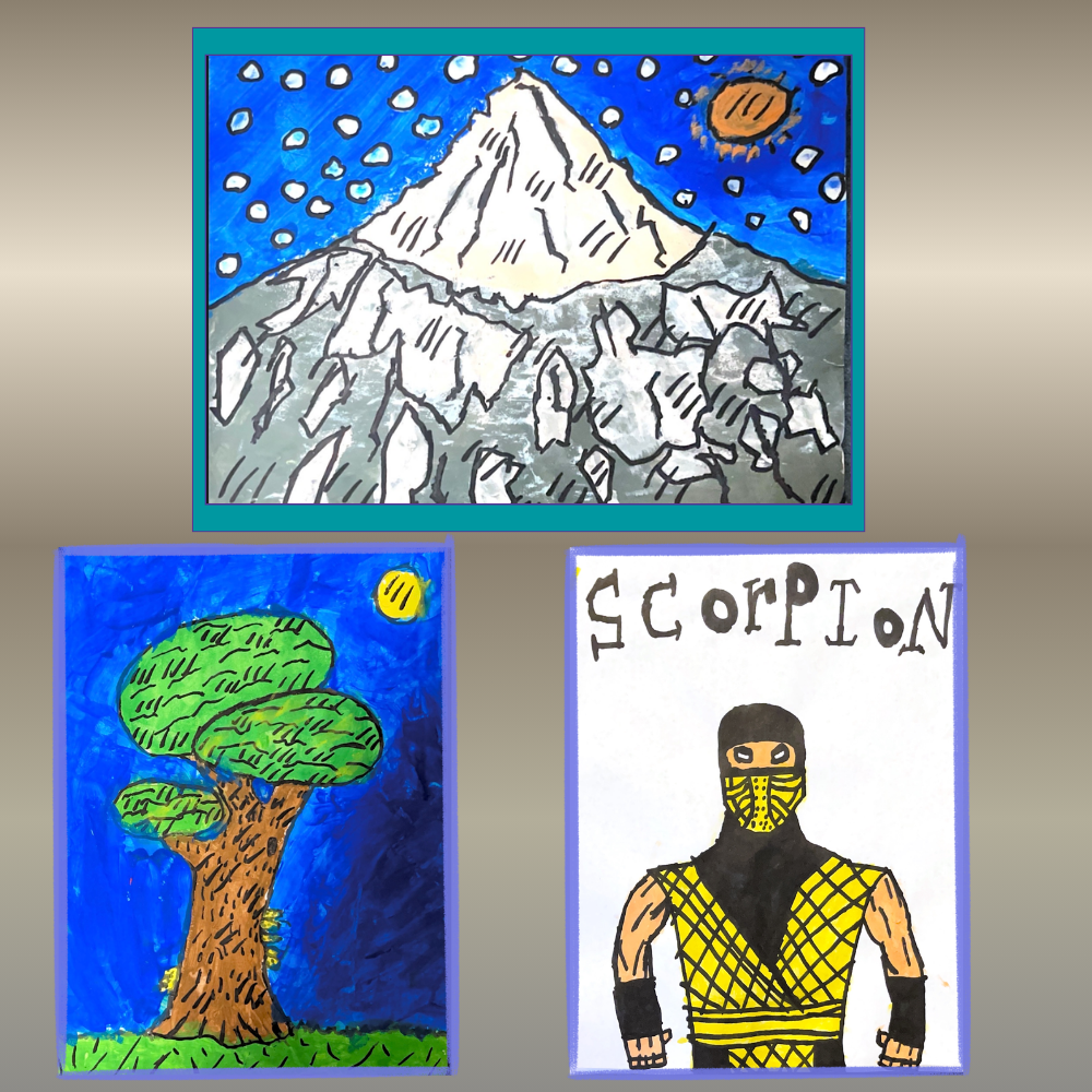 three photos of artwork with trees, a mountain and a warrior - Scorpion