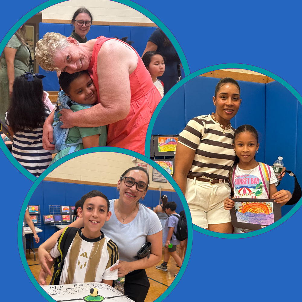 three photos of students and teachers smiling 