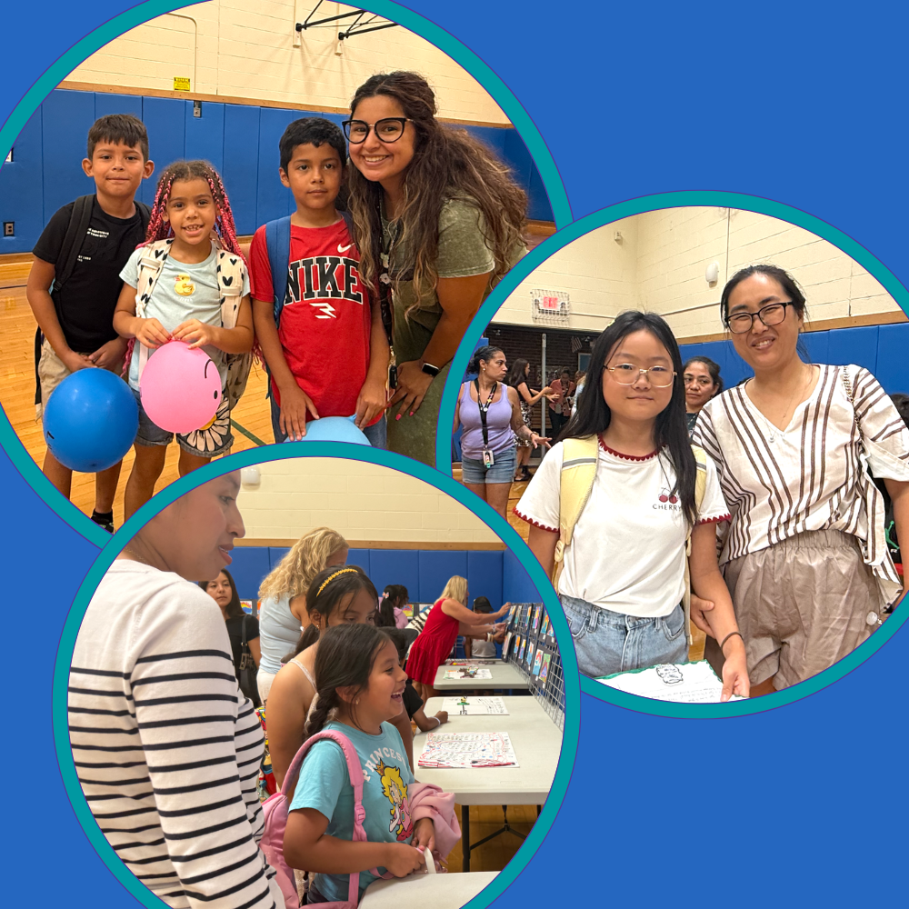 three photos of teachers, parents and students 