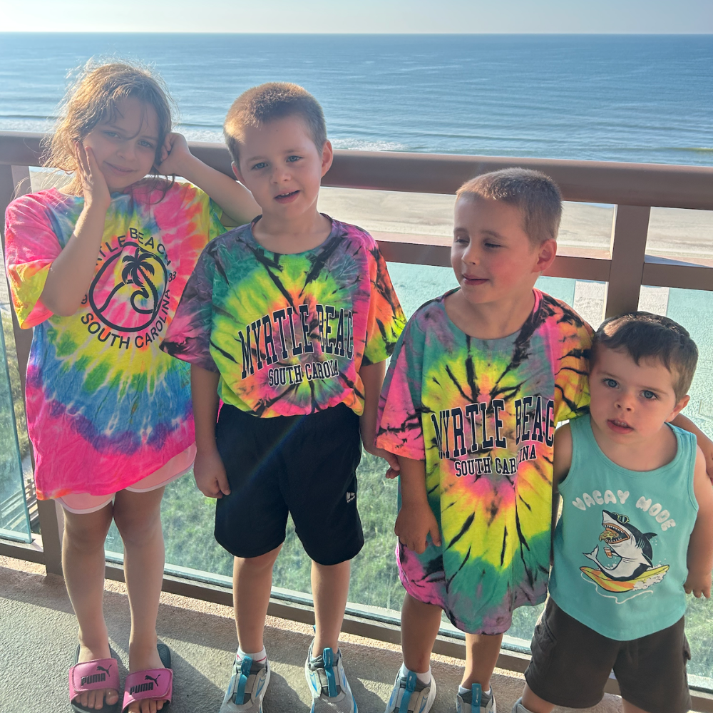 four children wearing tie-dye shirts, Myrtle Beach