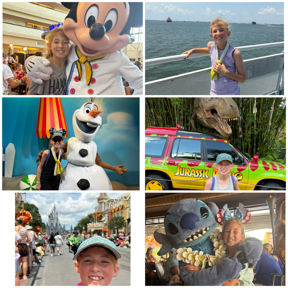 six photos of a girl with Mickey Mouse, Olaf, a green jeep and standing in a parade