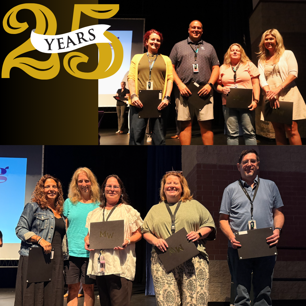 two photos of 10 people standing on stage 25 years