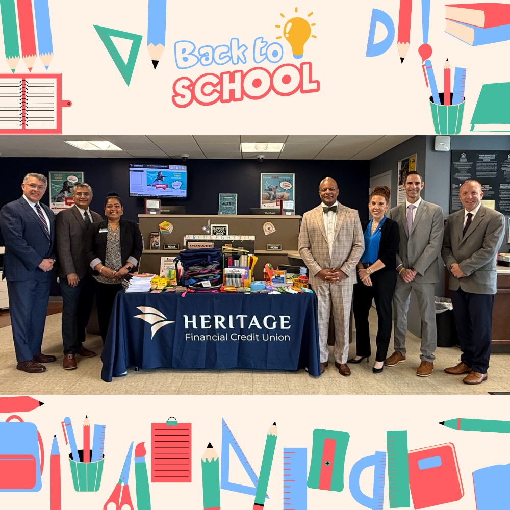 back to school, seven people in a photo with school supplies