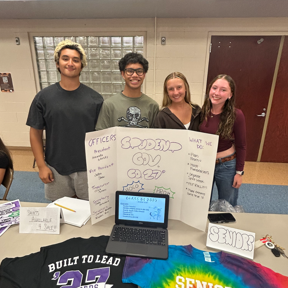 four students standing in front of a computer and laptop 