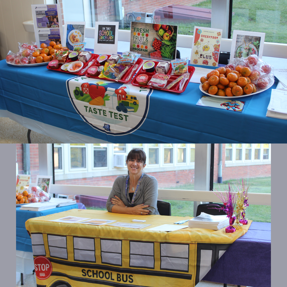 woman sitting in front of a school bus table cloth, photo of apples and oranges 