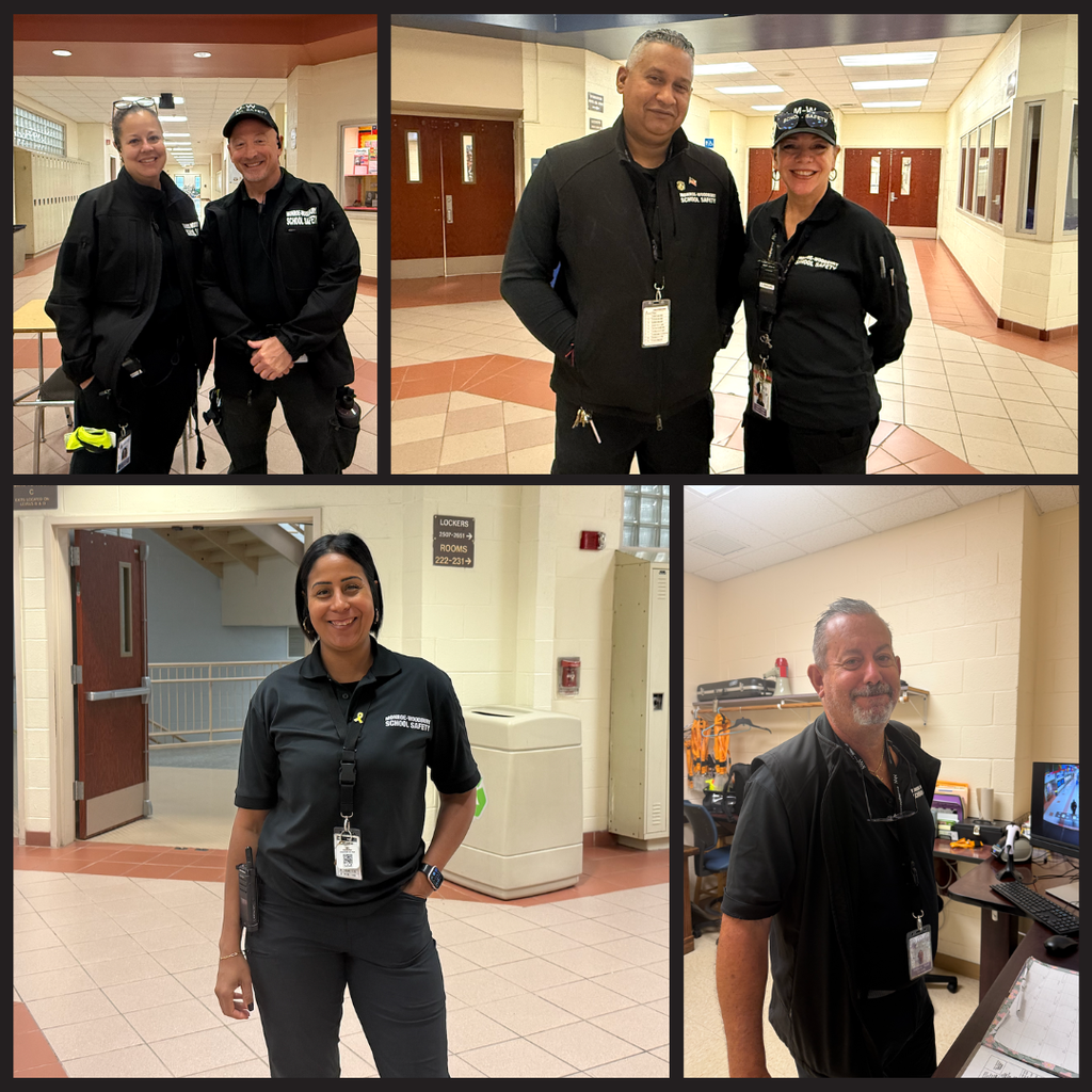 Four photos of security officers wearing black 