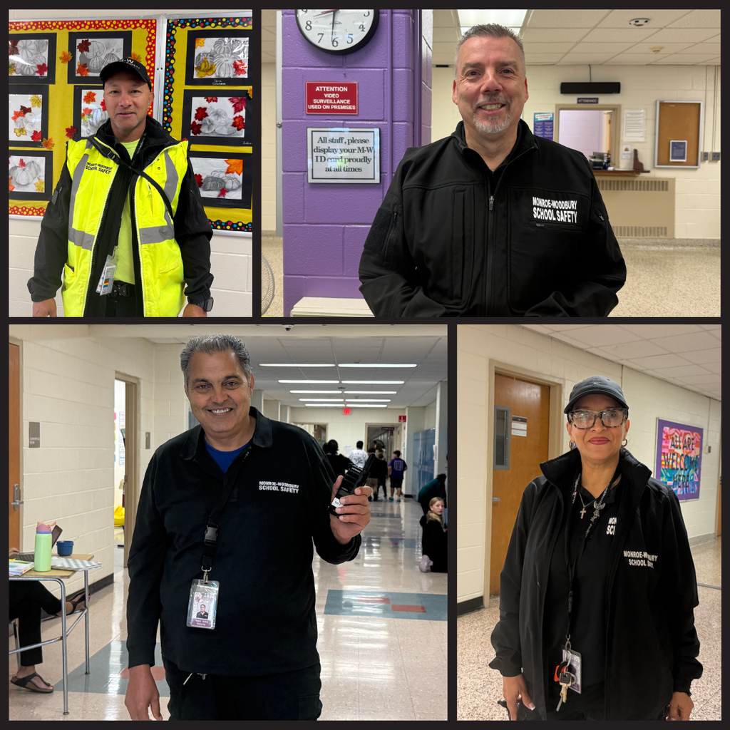 four photos of security officers wearing black and a green security vest