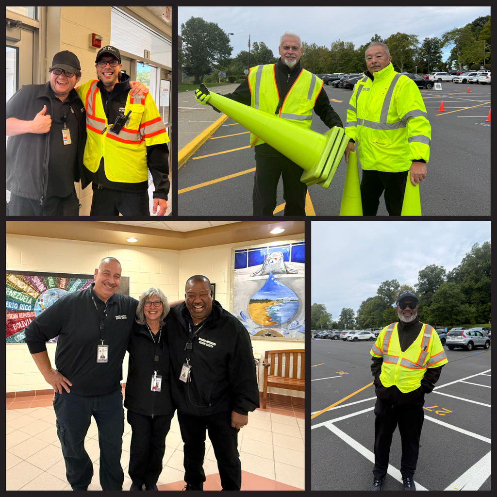 four photos of security officers wearing black and holding green cones 