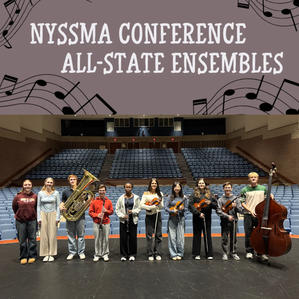NYSSMA Conference all-state ensembles - 10 students standing with instruments in an empty auditorium 